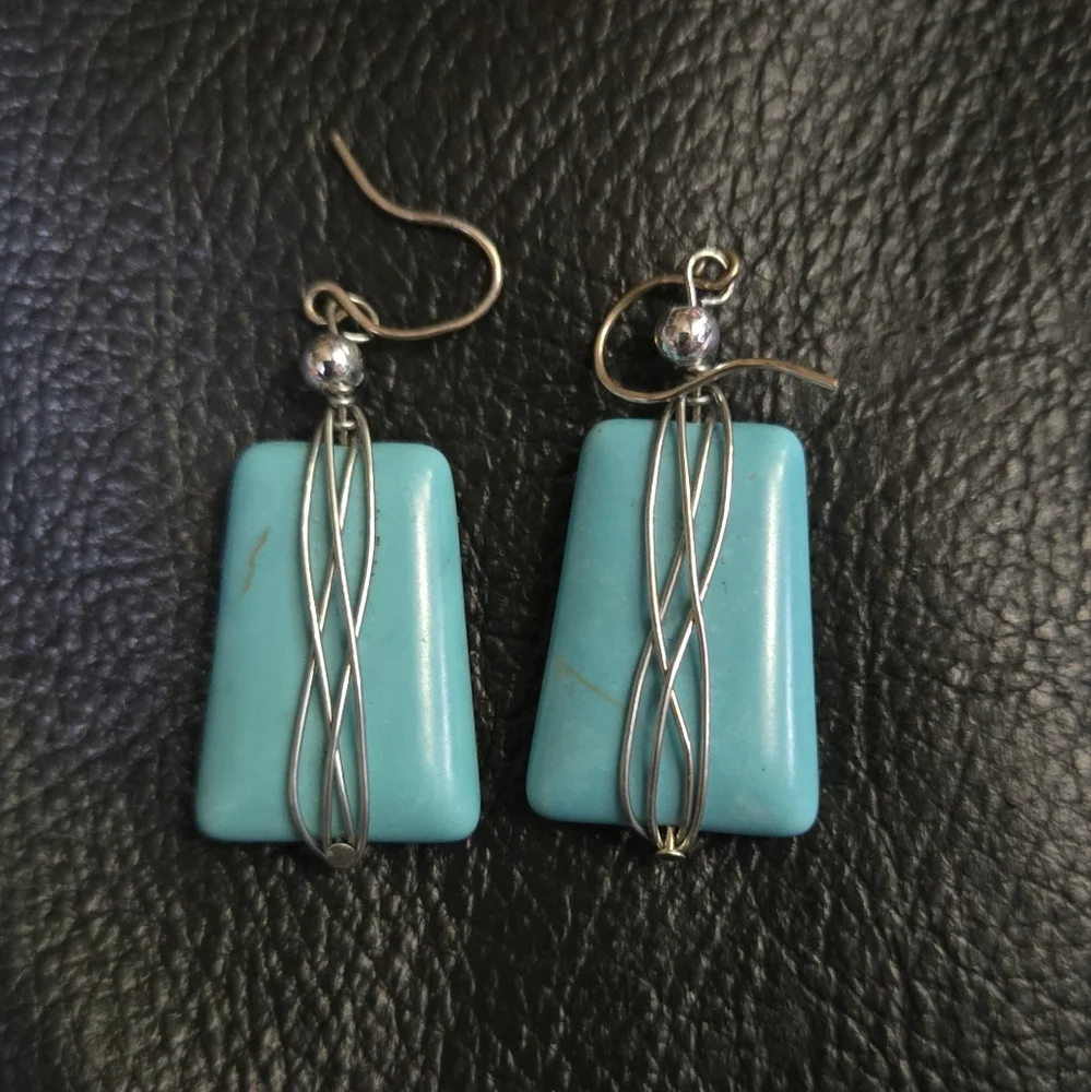 Turquoise natural large chunk hand wrapped sterling silver earrings - Picture 6 of 6